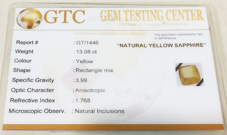 13.08 ct/14.50 ratti Natural Certified Bangkok Pukhraj/Yellow Sapphire